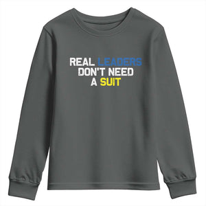 Support Ukraine Youth Sweatshirt Real Leaders Dont Need Suits TS10 Dark Heather Print Your Wear