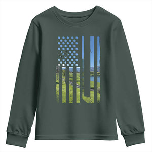 American Flag Golf Youth Sweatshirt Golfer Funny Golf Club Golfing TS10 Dark Forest Green Print Your Wear