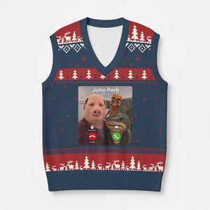Tung Tung Tung Sahur John Pork Calling V-Neck Knit Sweater Vest Tralalero Tralala Meme Brainrot Funny