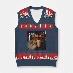 Funny Pitbull Drinking Iced Coffee V-Neck Knit Sweater Vest Vintage Pittie Dog Lovers Meme