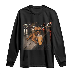 Funny Pitbull Drinking Iced Coffee Long Sleeve Shirt Vintage Pittie Dog Lovers Meme