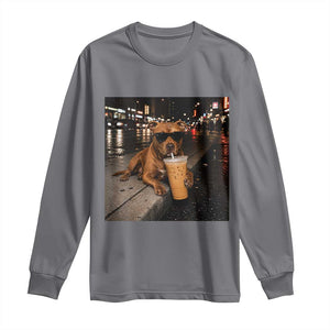 Funny Pitbull Drinking Iced Coffee Long Sleeve Shirt Vintage Pittie Dog Lovers Meme