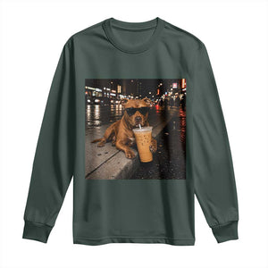 Funny Pitbull Drinking Iced Coffee Long Sleeve Shirt Vintage Pittie Dog Lovers Meme