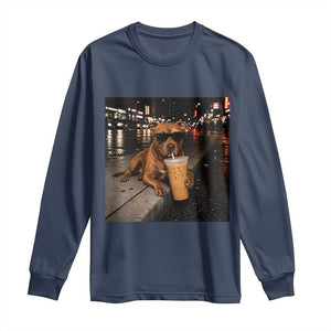 Funny Pitbull Drinking Iced Coffee Long Sleeve Shirt Vintage Pittie Dog Lovers Meme