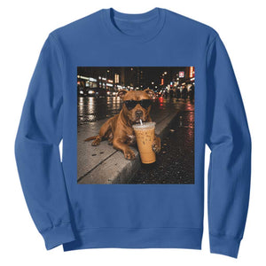 Funny Pitbull Drinking Iced Coffee Sweatshirt Vintage Pittie Dog Lovers Meme