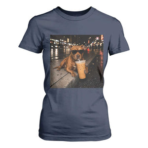 Funny Pitbull Drinking Iced Coffee T Shirt For Women Vintage Pittie Dog Lovers Meme