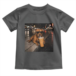 Funny Pitbull Drinking Iced Coffee Toddler T Shirt Vintage Pittie Dog Lovers Meme