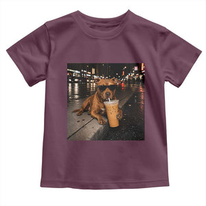 Funny Pitbull Drinking Iced Coffee Toddler T Shirt Vintage Pittie Dog Lovers Meme