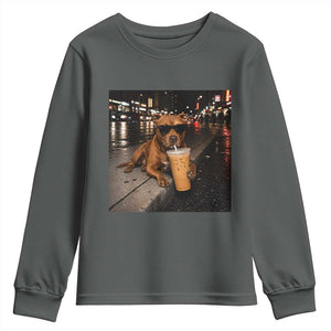 Funny Pitbull Drinking Iced Coffee Youth Sweatshirt Vintage Pittie Dog Lovers Meme