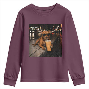 Funny Pitbull Drinking Iced Coffee Youth Sweatshirt Vintage Pittie Dog Lovers Meme