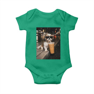 Funny Shih Tzu Drinking Iced Coffee Baby Onesie Vintage Dog Lover