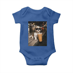 Funny Shih Tzu Drinking Iced Coffee Baby Onesie Vintage Dog Lover