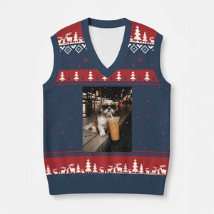 Funny Shih Tzu Drinking Iced Coffee V-Neck Knit Sweater Vest Vintage Dog Lover