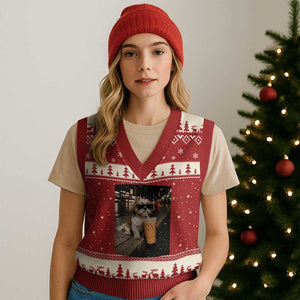 Funny Shih Tzu Drinking Iced Coffee V-Neck Knit Sweater Vest Vintage Dog Lover