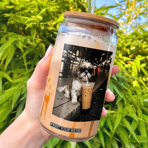Funny Shih Tzu Drinking Iced Coffee Glass Can Vintage Dog Lover