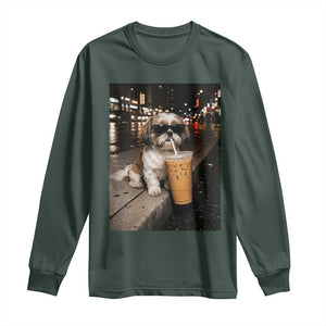 Funny Shih Tzu Drinking Iced Coffee Long Sleeve Shirt Vintage Dog Lover