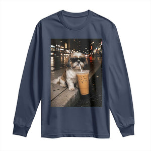 Funny Shih Tzu Drinking Iced Coffee Long Sleeve Shirt Vintage Dog Lover