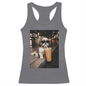 Funny Shih Tzu Drinking Iced Coffee Racerback Tank Top Vintage Dog Lover