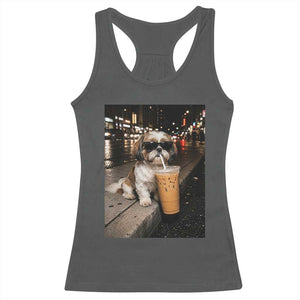Funny Shih Tzu Drinking Iced Coffee Racerback Tank Top Vintage Dog Lover