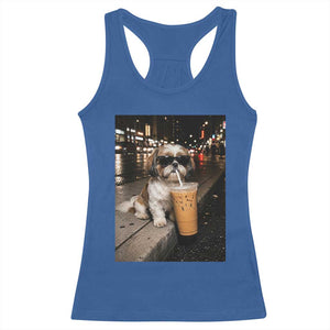 Funny Shih Tzu Drinking Iced Coffee Racerback Tank Top Vintage Dog Lover