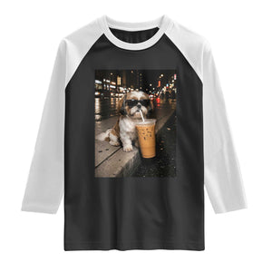 Funny Shih Tzu Drinking Iced Coffee Raglan Shirt Vintage Dog Lover