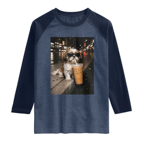 Funny Shih Tzu Drinking Iced Coffee Raglan Shirt Vintage Dog Lover