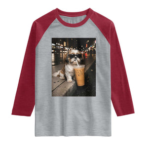 Funny Shih Tzu Drinking Iced Coffee Raglan Shirt Vintage Dog Lover