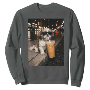 Funny Shih Tzu Drinking Iced Coffee Sweatshirt Vintage Dog Lover