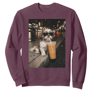 Funny Shih Tzu Drinking Iced Coffee Sweatshirt Vintage Dog Lover