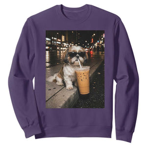 Funny Shih Tzu Drinking Iced Coffee Sweatshirt Vintage Dog Lover