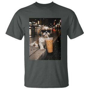 Funny Shih Tzu Drinking Iced Coffee T Shirt Vintage Dog Lover