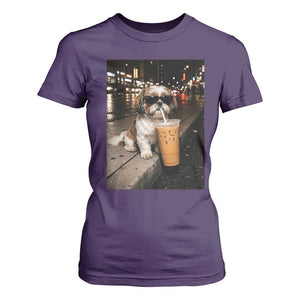 Funny Shih Tzu Drinking Iced Coffee T Shirt For Women Vintage Dog Lover