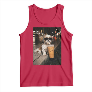 Funny Shih Tzu Drinking Iced Coffee Tank Top Vintage Dog Lover
