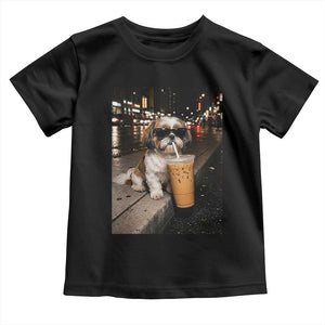 Funny Shih Tzu Drinking Iced Coffee Toddler T Shirt Vintage Dog Lover