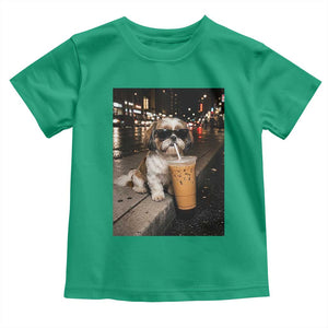 Funny Shih Tzu Drinking Iced Coffee Toddler T Shirt Vintage Dog Lover