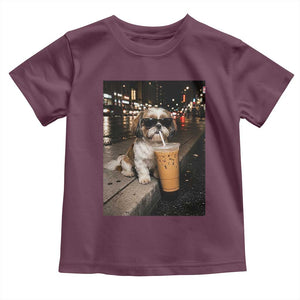 Funny Shih Tzu Drinking Iced Coffee Toddler T Shirt Vintage Dog Lover