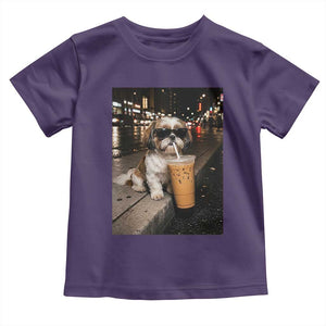 Funny Shih Tzu Drinking Iced Coffee Toddler T Shirt Vintage Dog Lover