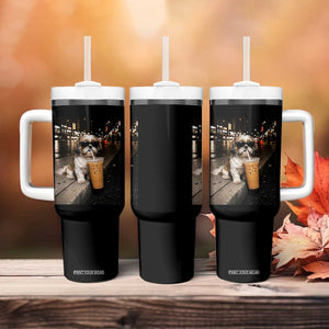 Funny Shih Tzu Drinking Iced Coffee Tumbler With Handle Vintage Dog Lover