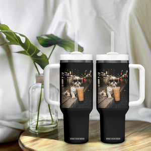 Funny Shih Tzu Drinking Iced Coffee Tumbler With Handle Vintage Dog Lover
