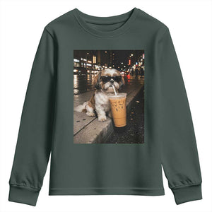Funny Shih Tzu Drinking Iced Coffee Youth Sweatshirt Vintage Dog Lover