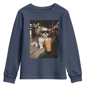 Funny Shih Tzu Drinking Iced Coffee Youth Sweatshirt Vintage Dog Lover