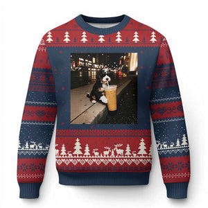 Bernedoodle Dog Drinking Iced Coffee Ugly Christmas Sweater Funny Coffee Lover Gift for Dog Moms Dads TS10 Navy Red Print Your Wear