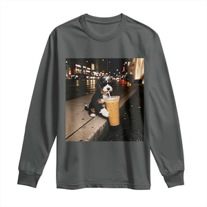 Bernedoodle Dog Drinking Iced Coffee Long Sleeve Shirt Funny Coffee Lover Gift for Dog Moms Dads TS10 Dark Heather Print Your Wear