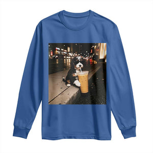 Bernedoodle Dog Drinking Iced Coffee Long Sleeve Shirt Funny Coffee Lover Gift for Dog Moms Dads TS10 Royal Blue Print Your Wear
