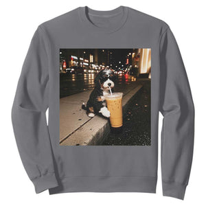 Bernedoodle Dog Drinking Iced Coffee Sweatshirt Funny Coffee Lover Gift for Dog Moms Dads TS10 Charcoal Print Your Wear