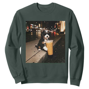 Bernedoodle Dog Drinking Iced Coffee Sweatshirt Funny Coffee Lover Gift for Dog Moms Dads TS10 Dark Forest Green Print Your Wear