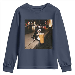 Bernedoodle Dog Drinking Iced Coffee Youth Sweatshirt Funny Coffee Lover Gift for Dog Moms Dads TS10 Navy Print Your Wear