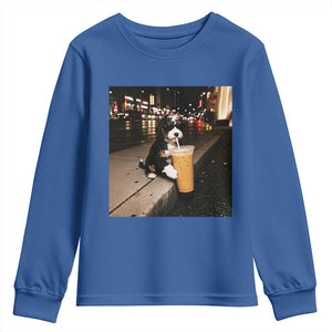 Bernedoodle Dog Drinking Iced Coffee Youth Sweatshirt Funny Coffee Lover Gift for Dog Moms Dads TS10 Royal Blue Print Your Wear