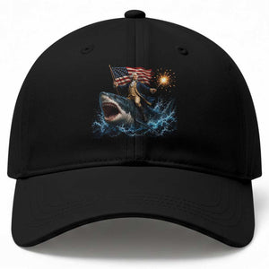 George Washington Riding Shark Baseball Cap Funny 4th Of July Independence Day 1776 Meme American Flag