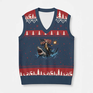 George Washington Riding Shark V-Neck Knit Sweater Vest Funny 4th Of July Independence Day 1776 Meme American Flag